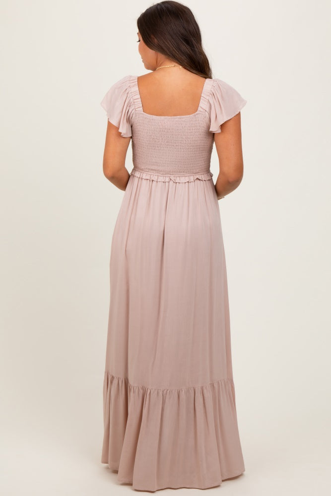 Three Little Tots Taupe Smocked Top Woven Maternity Maxi Dress, additional view