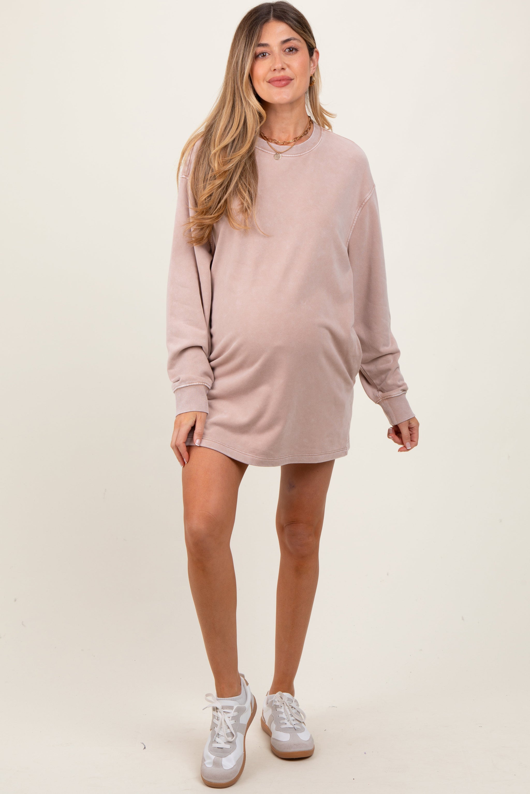 Three Little Tots Taupe Long Sleeve Oversized Sweatshirt Maternity Mini Dress
