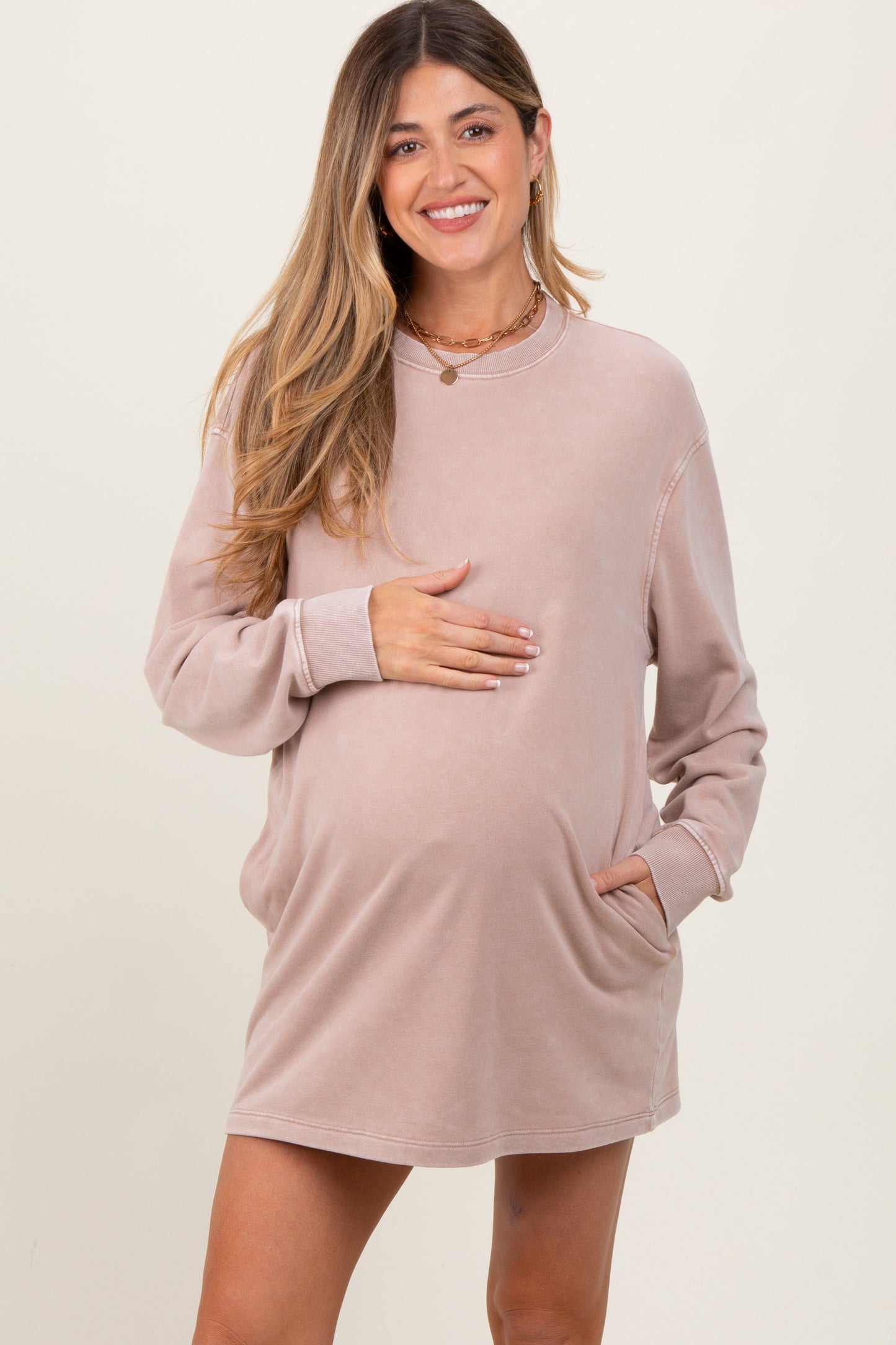 Three Little Tots Taupe Long Sleeve Oversized Sweatshirt Maternity Mini Dress, additional product photo