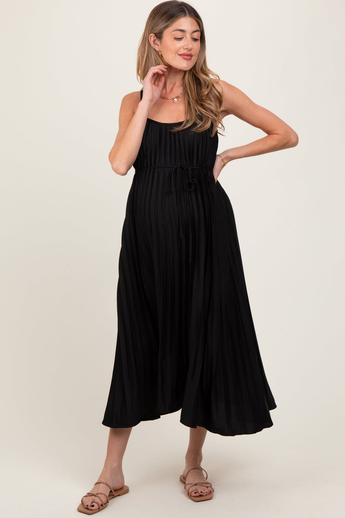 Three Little Tots Black Pleated Sash Tie Maternity Midi Dress, additional product photo