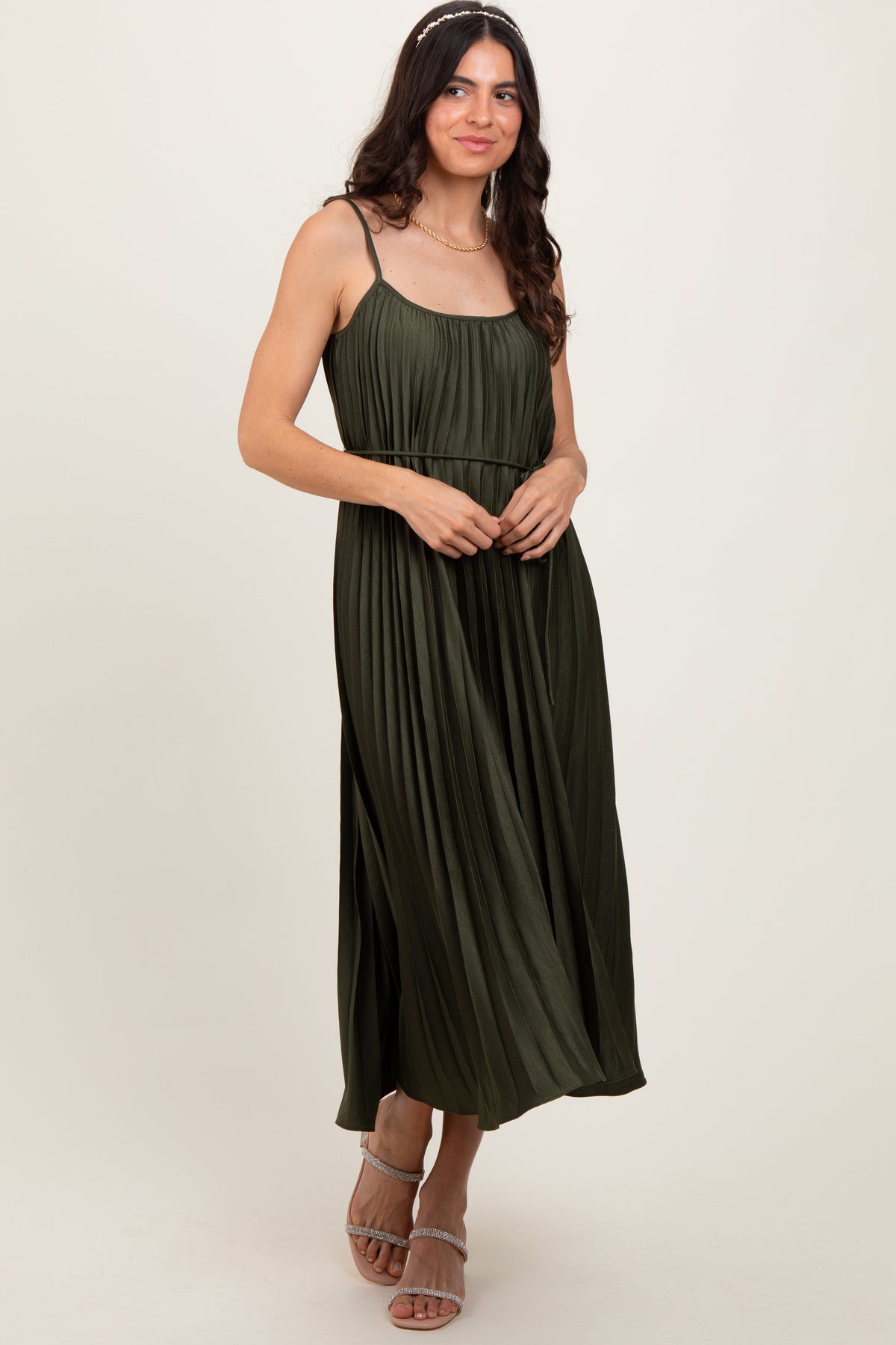 Three Little Tots Olive Pleated Sash Tie Maternity Midi Dress, extra product detail