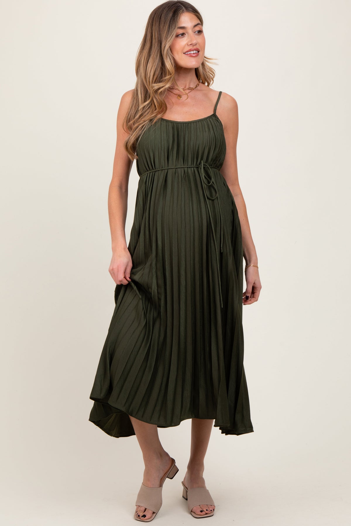 Three Little Tots Olive Pleated Sash Tie Maternity Midi Dress, additional product photo