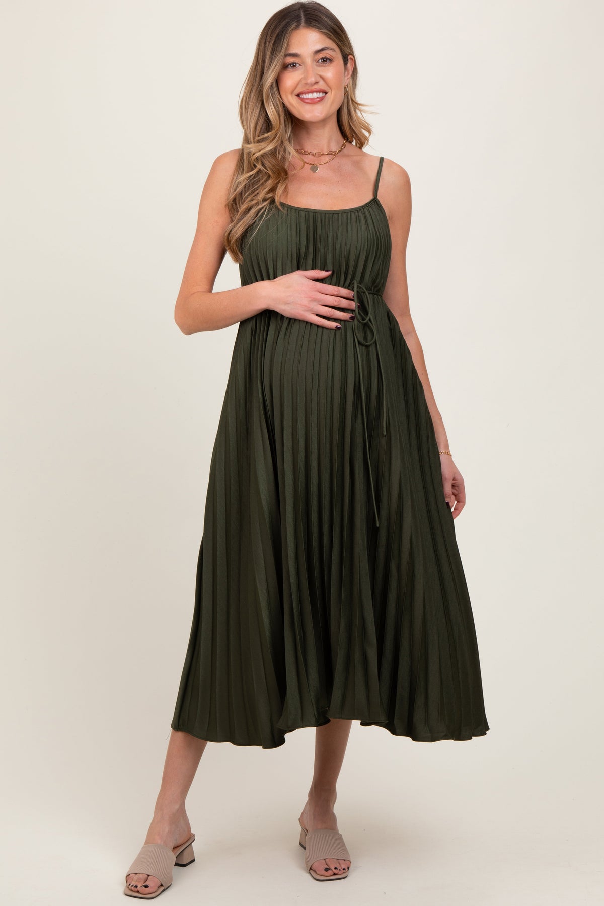 Three Little Tots Olive Pleated Sash Tie Maternity Midi Dress
