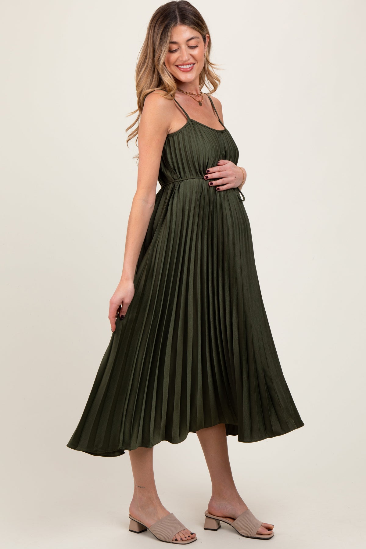 Three Little Tots Olive Pleated Sash Tie Maternity Midi Dress, alternate angle