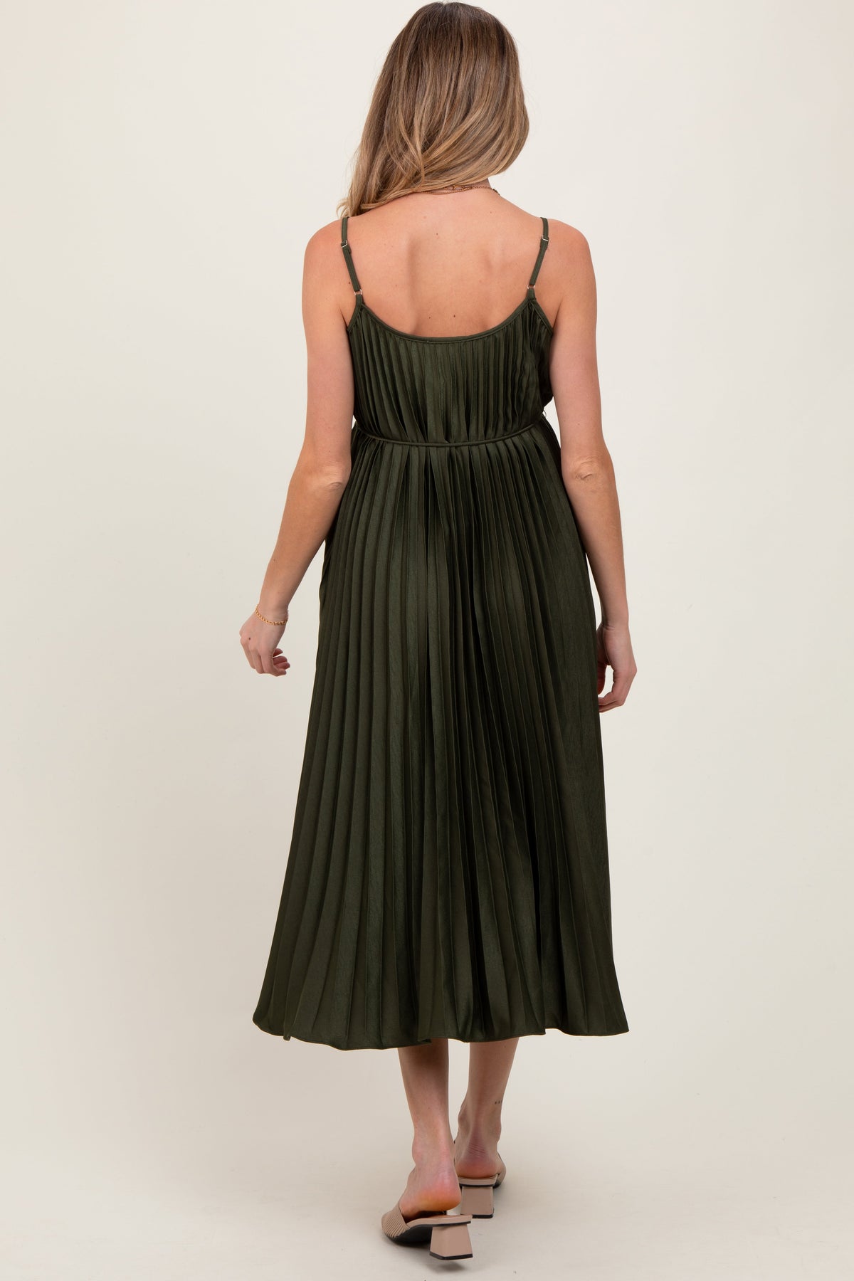 Three Little Tots Olive Pleated Sash Tie Maternity Midi Dress, additional view