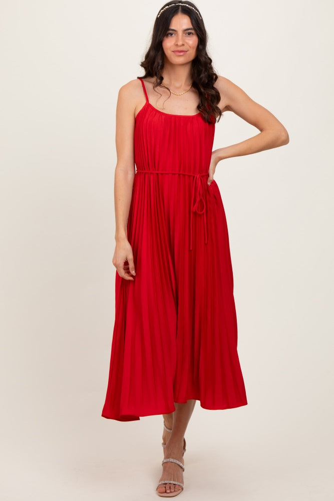 Three Little Tots Red Pleated Sash Tie Maternity Midi Dress, additional view