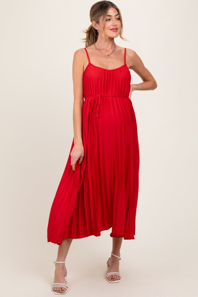 Three Little Tots Red Pleated Sash Tie Maternity Midi Dress