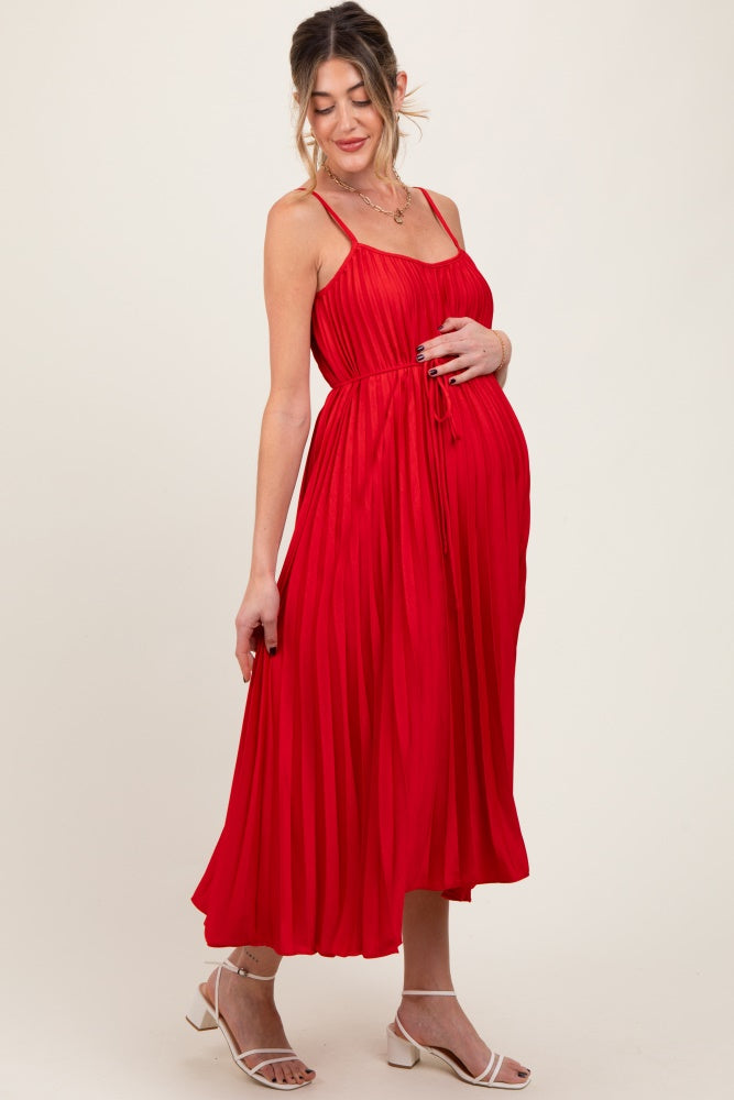 Three Little Tots Red Pleated Sash Tie Maternity Midi Dress, additional product photo