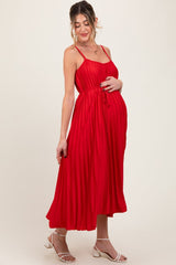 Three Little Tots Red Pleated Sash Tie Maternity Midi Dress, additional product photo