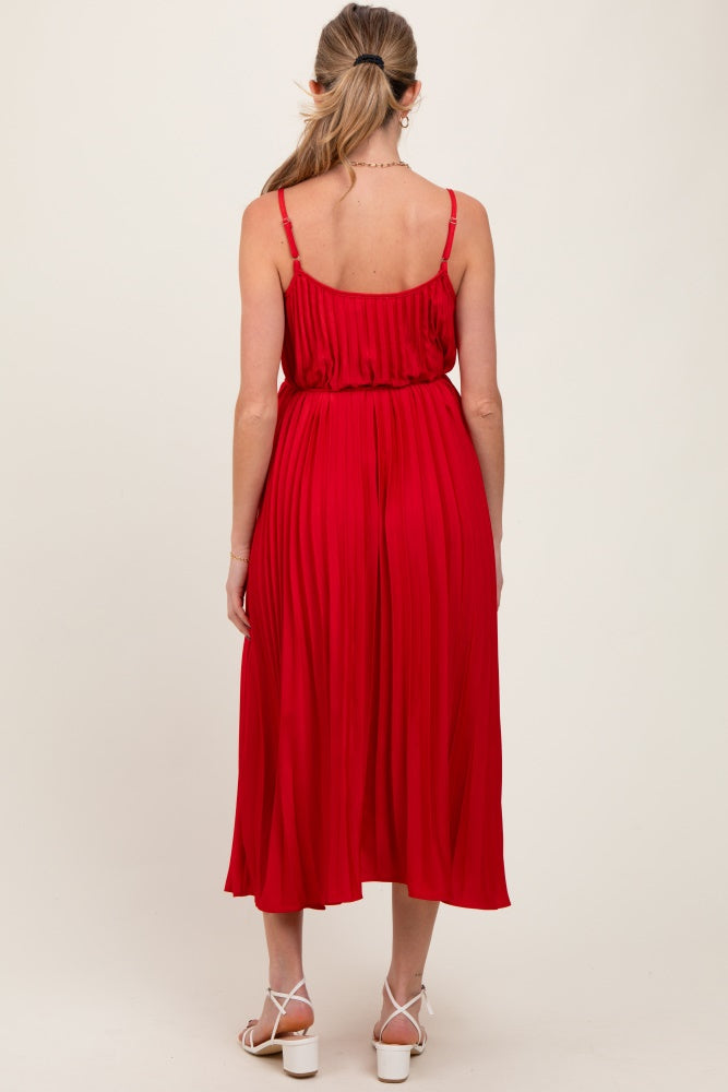 Three Little Tots Red Pleated Sash Tie Maternity Midi Dress, alternate angle