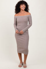 Three Little Tots Taupe Striped Off Shoulder Maternity Midi Sweater Dress, additional view