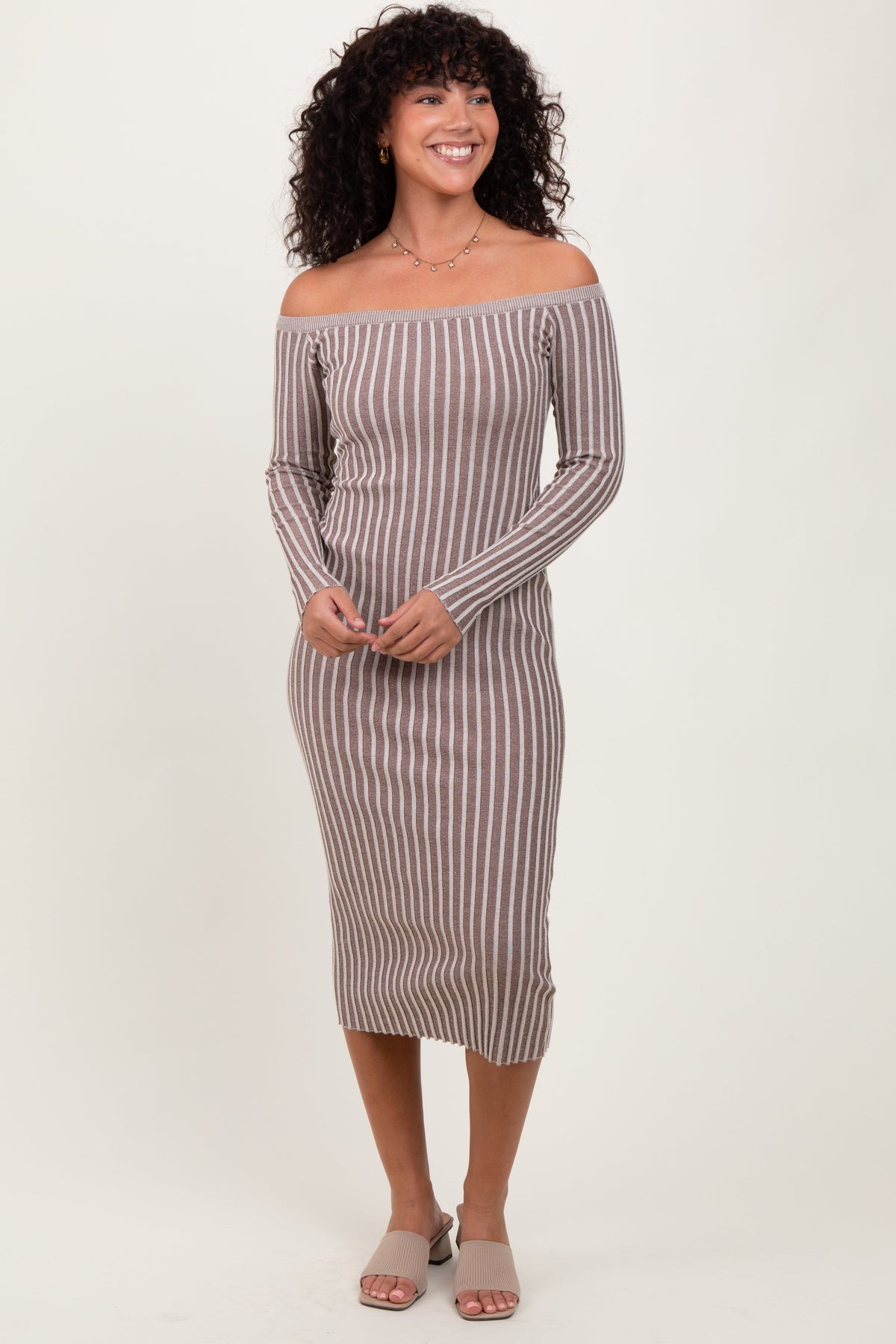 Three Little Tots Taupe Striped Off Shoulder Maternity Midi Sweater Dress, additional view