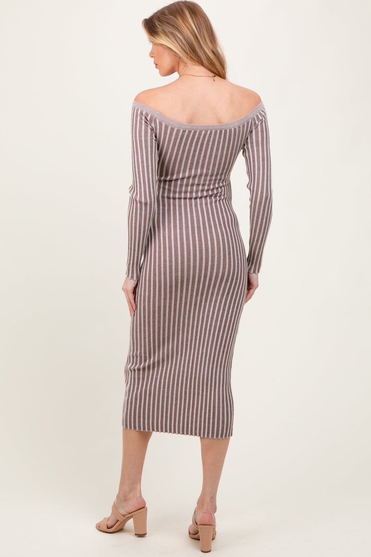 Three Little Tots Taupe Striped Off Shoulder Maternity Midi Sweater Dress, alternate angle