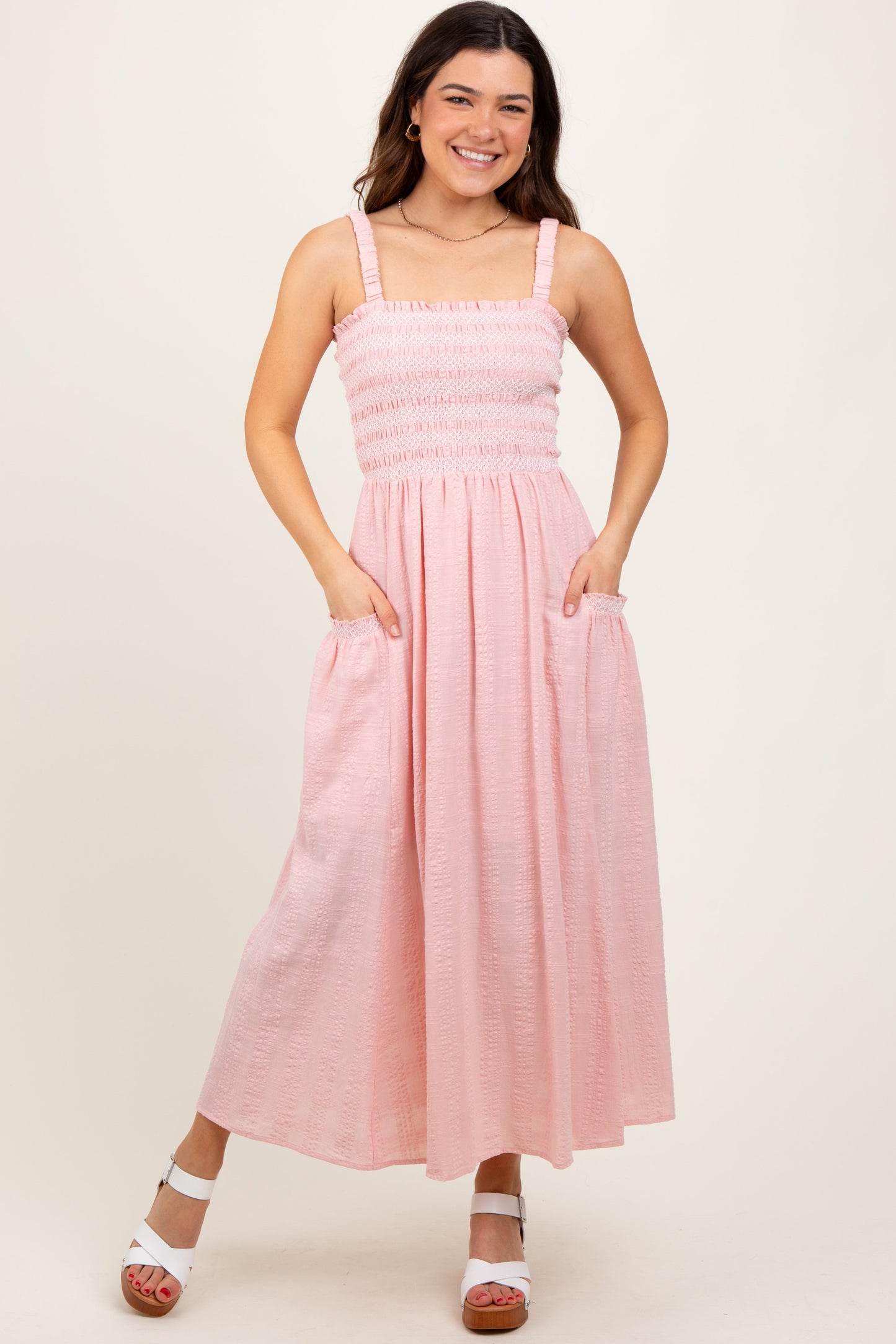 Three Little Tots Light Pink Smocked Embroidered Bust Textured Maternity Midi Dress, additional view