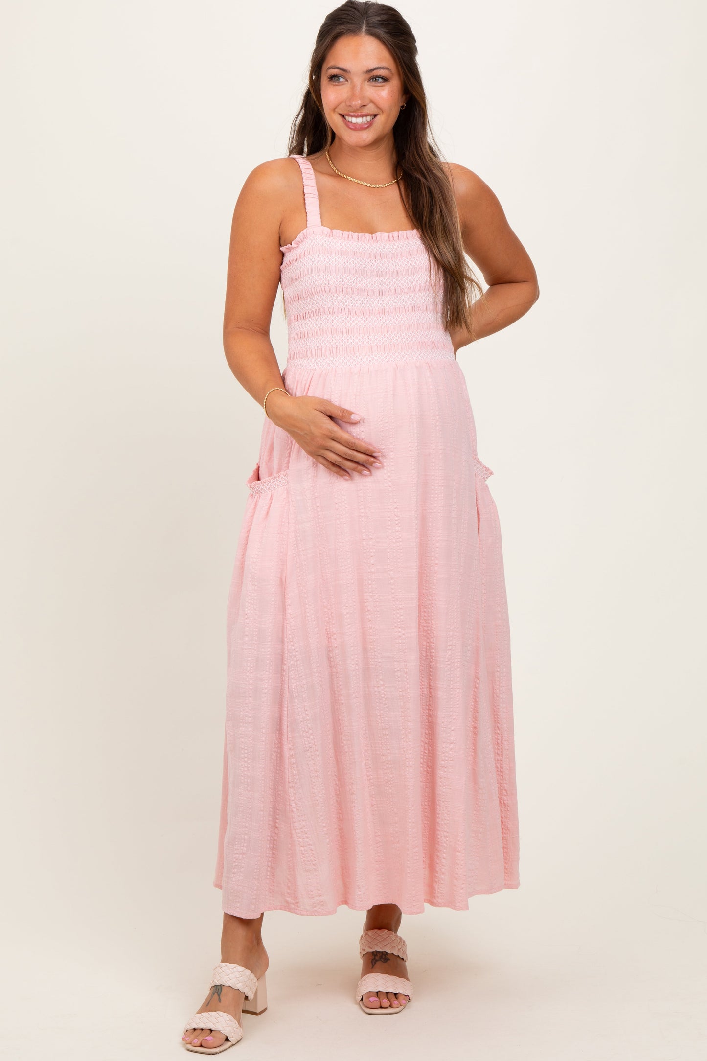 Three Little Tots Light Pink Smocked Embroidered Bust Textured Maternity Midi Dress, additional product photo