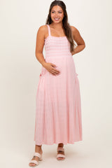 Three Little Tots Light Pink Smocked Embroidered Bust Textured Maternity Midi Dress, additional product photo