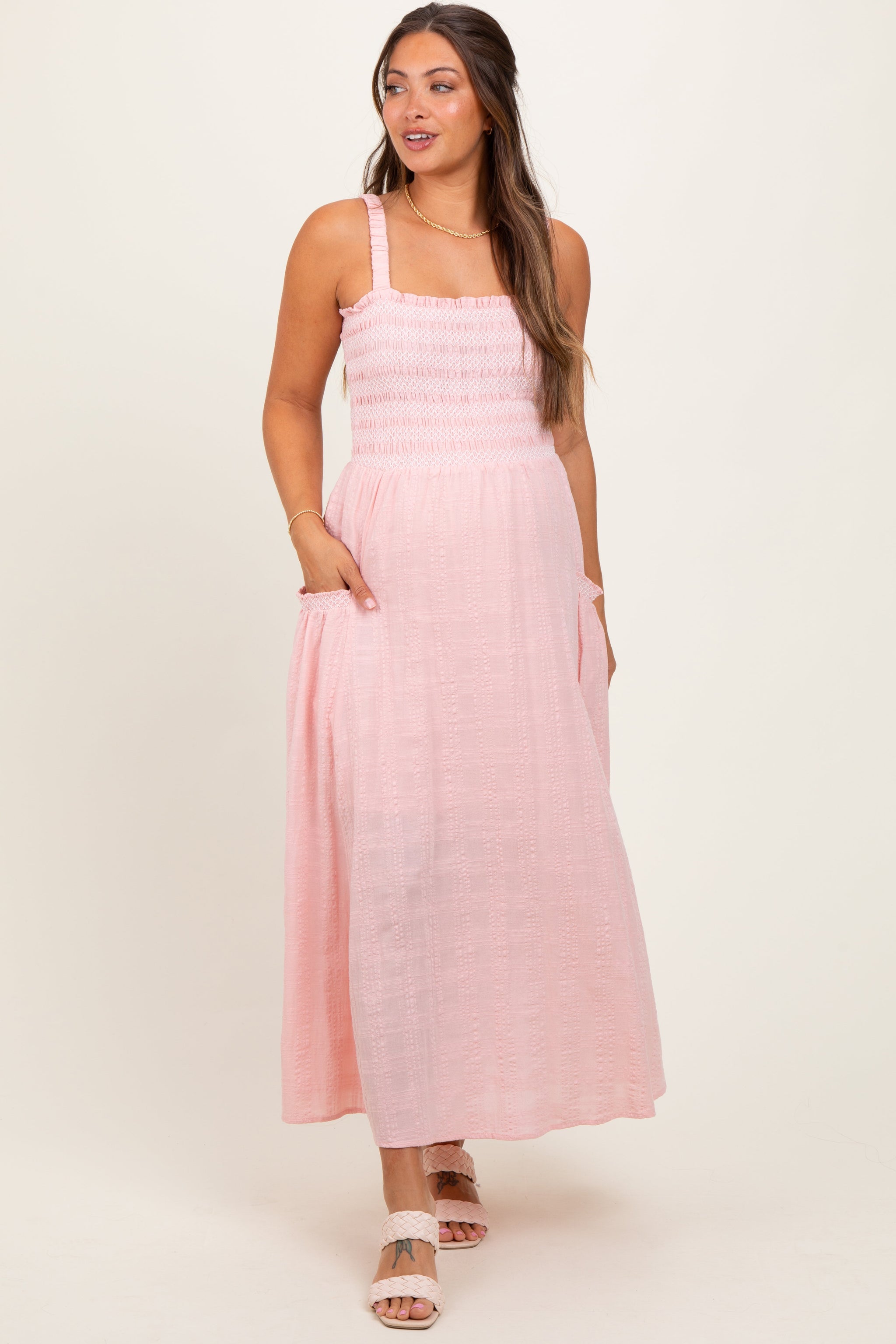 Three Little Tots Light Pink Smocked Embroidered Bust Textured Maternity Midi Dress