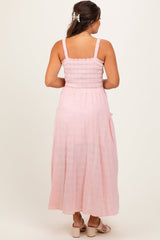 Three Little Tots Light Pink Smocked Embroidered Bust Textured Maternity Midi Dress, alternate angle