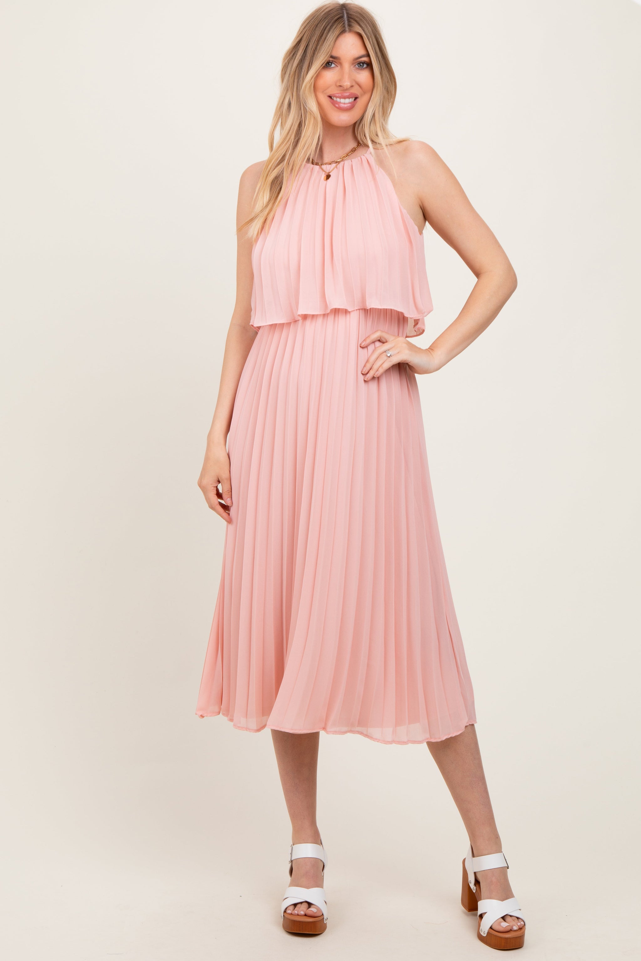 Three Little Tots Pink Pleated Woven Maternity Midi Dress, extra product detail