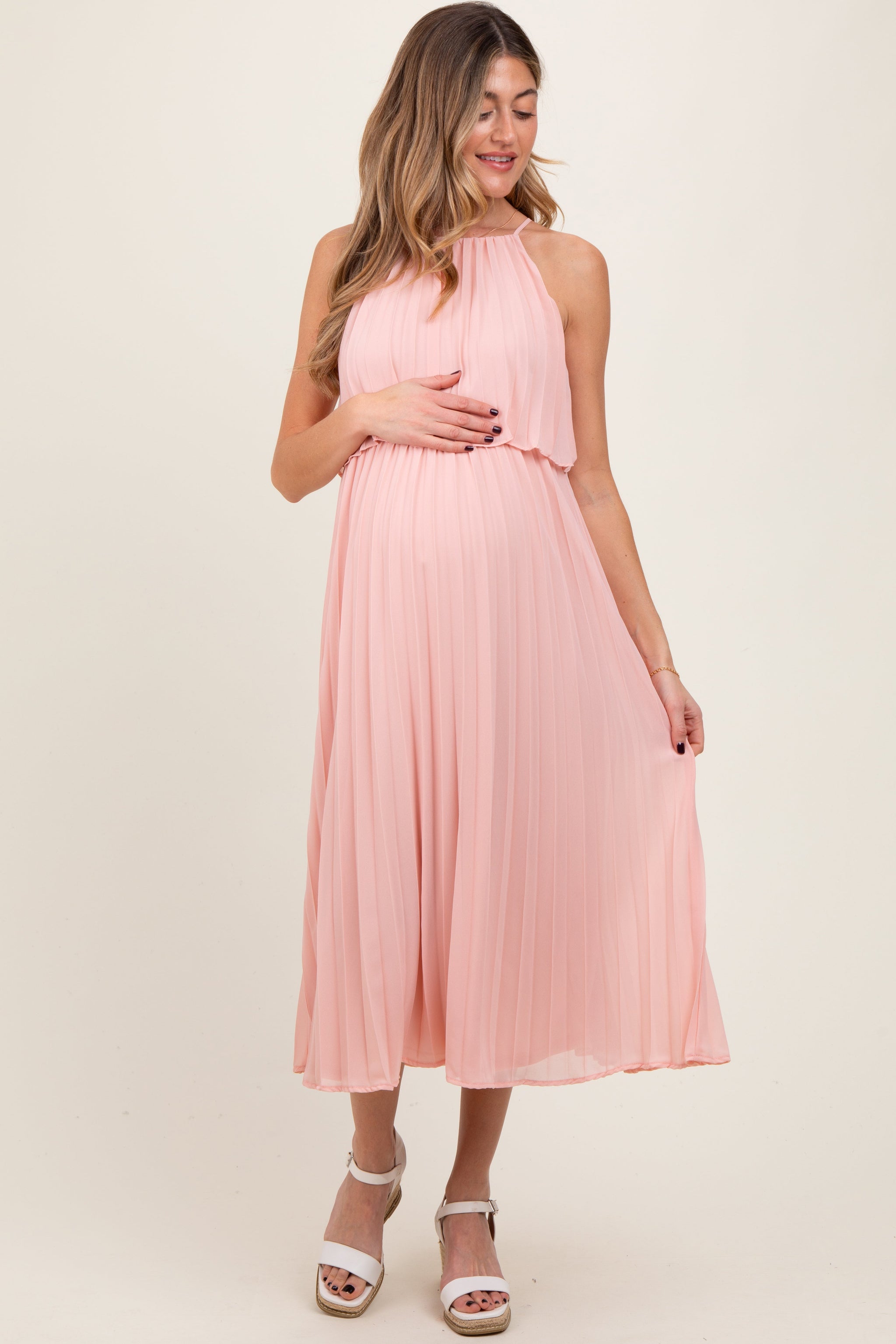 Three Little Tots Pink Pleated Woven Maternity Midi Dress