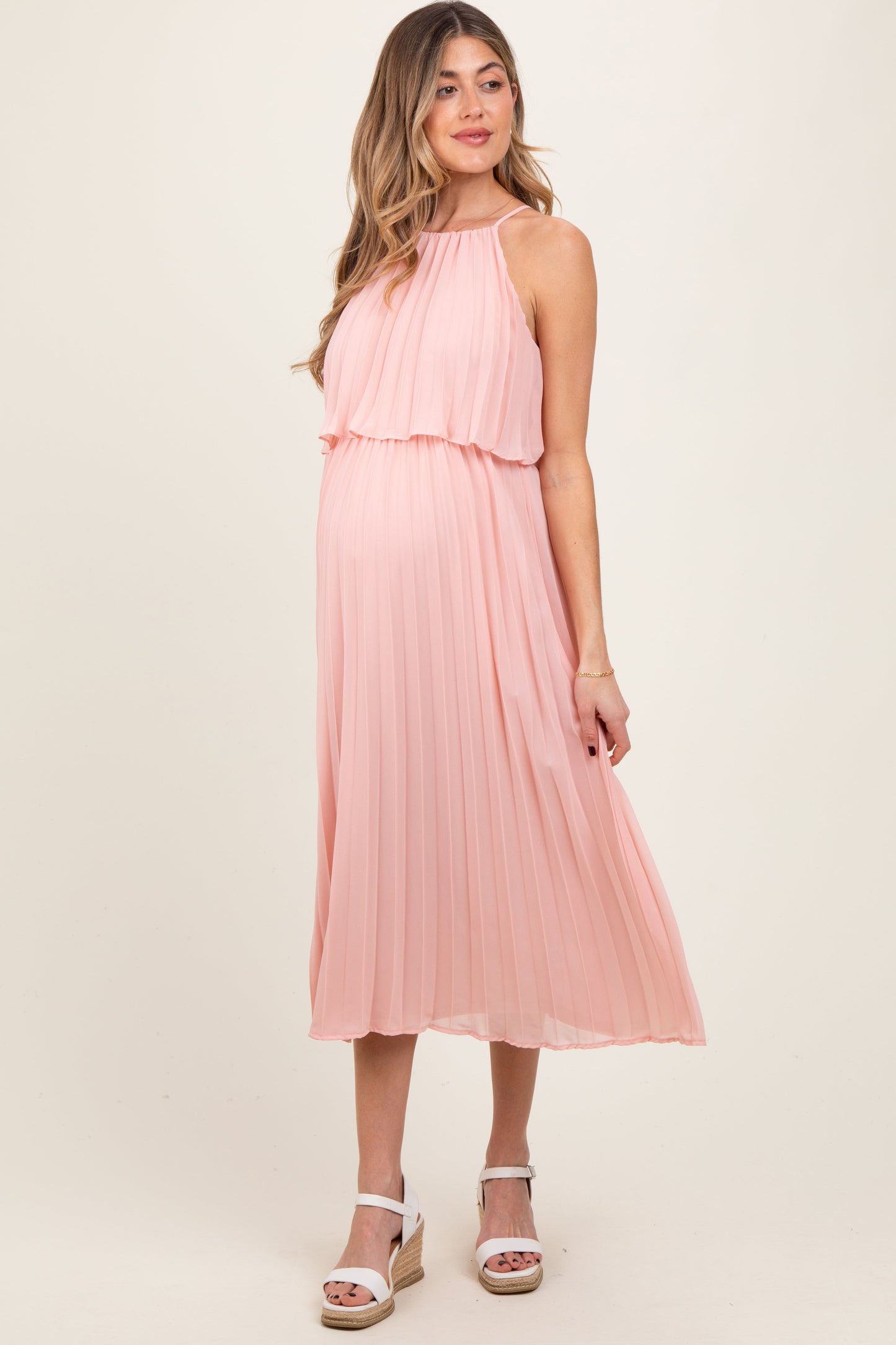 Three Little Tots Pink Pleated Woven Maternity Midi Dress, additional product photo