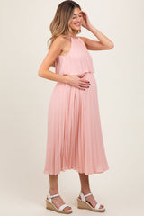 Three Little Tots Pink Pleated Woven Maternity Midi Dress, alternate angle