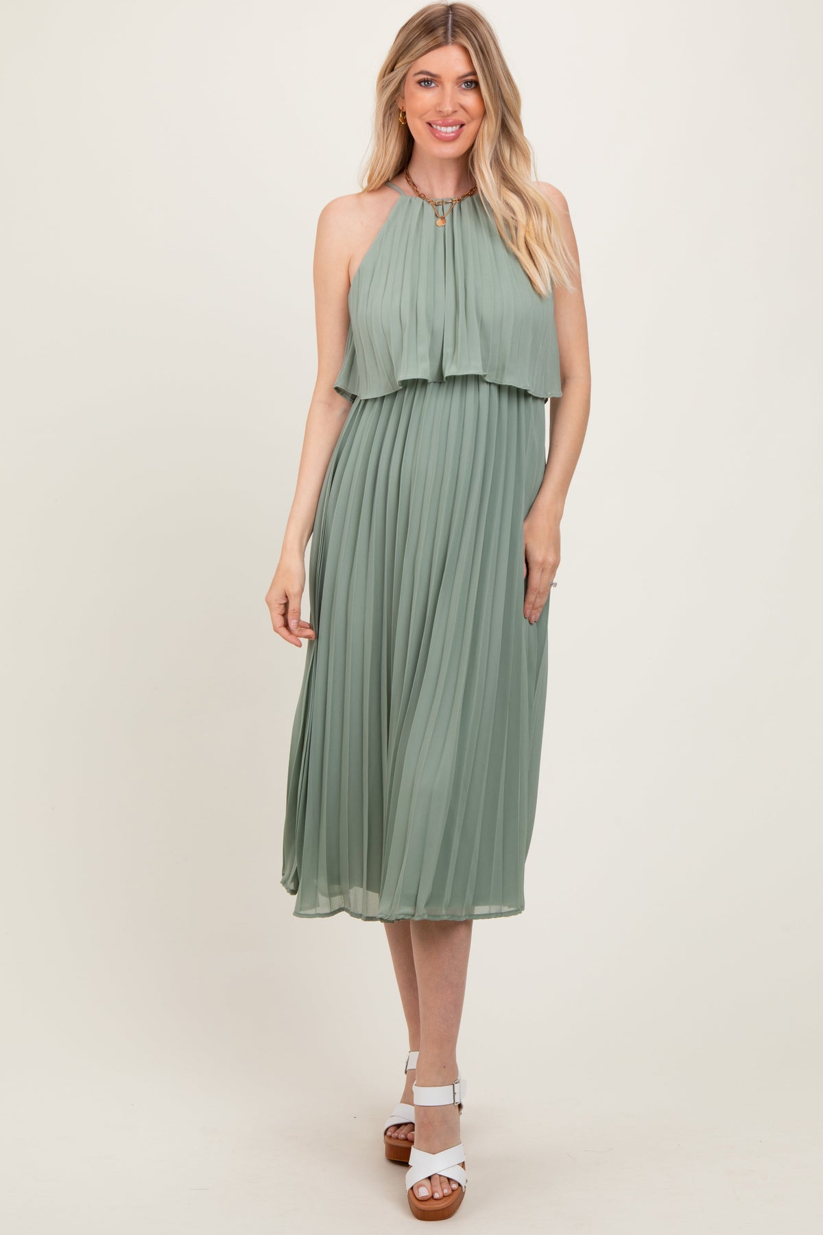 Three Little Tots Light Olive Pleated Woven Maternity Midi Dress, extra product detail