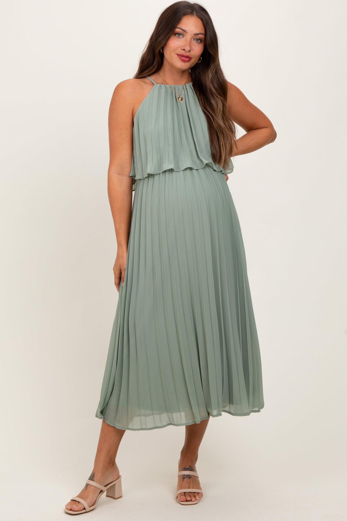 Three Little Tots Light Olive Pleated Woven Maternity Midi Dress