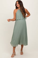 Three Little Tots Light Olive Pleated Woven Maternity Midi Dress, additional product photo