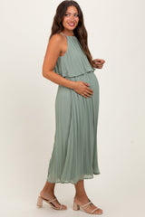 Three Little Tots Light Olive Pleated Woven Maternity Midi Dress, alternate angle