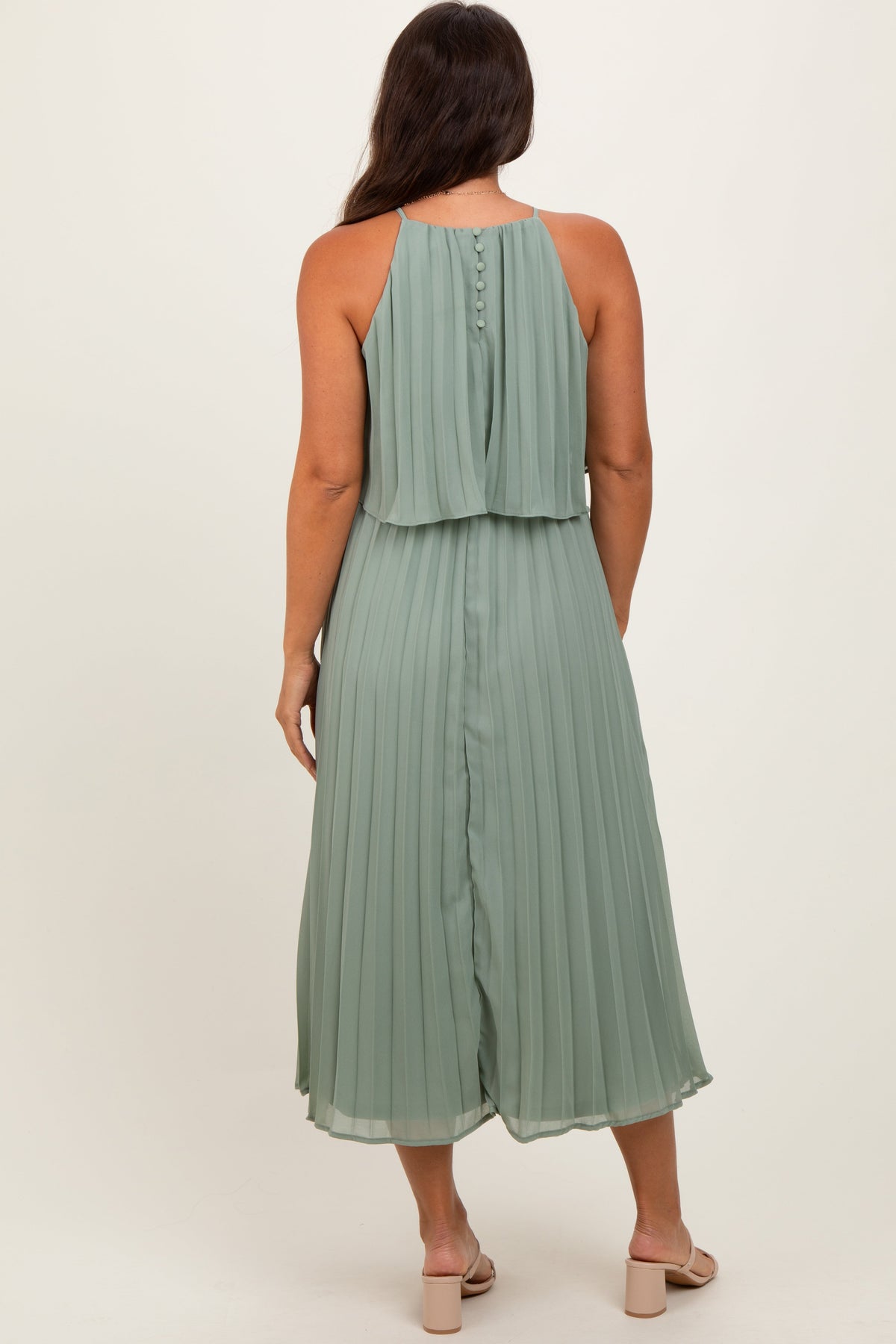 Three Little Tots Light Olive Pleated Woven Maternity Midi Dress, additional view