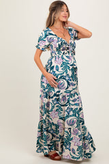 Teal Floral Smocked Front Tie Maternity Maxi Dress
