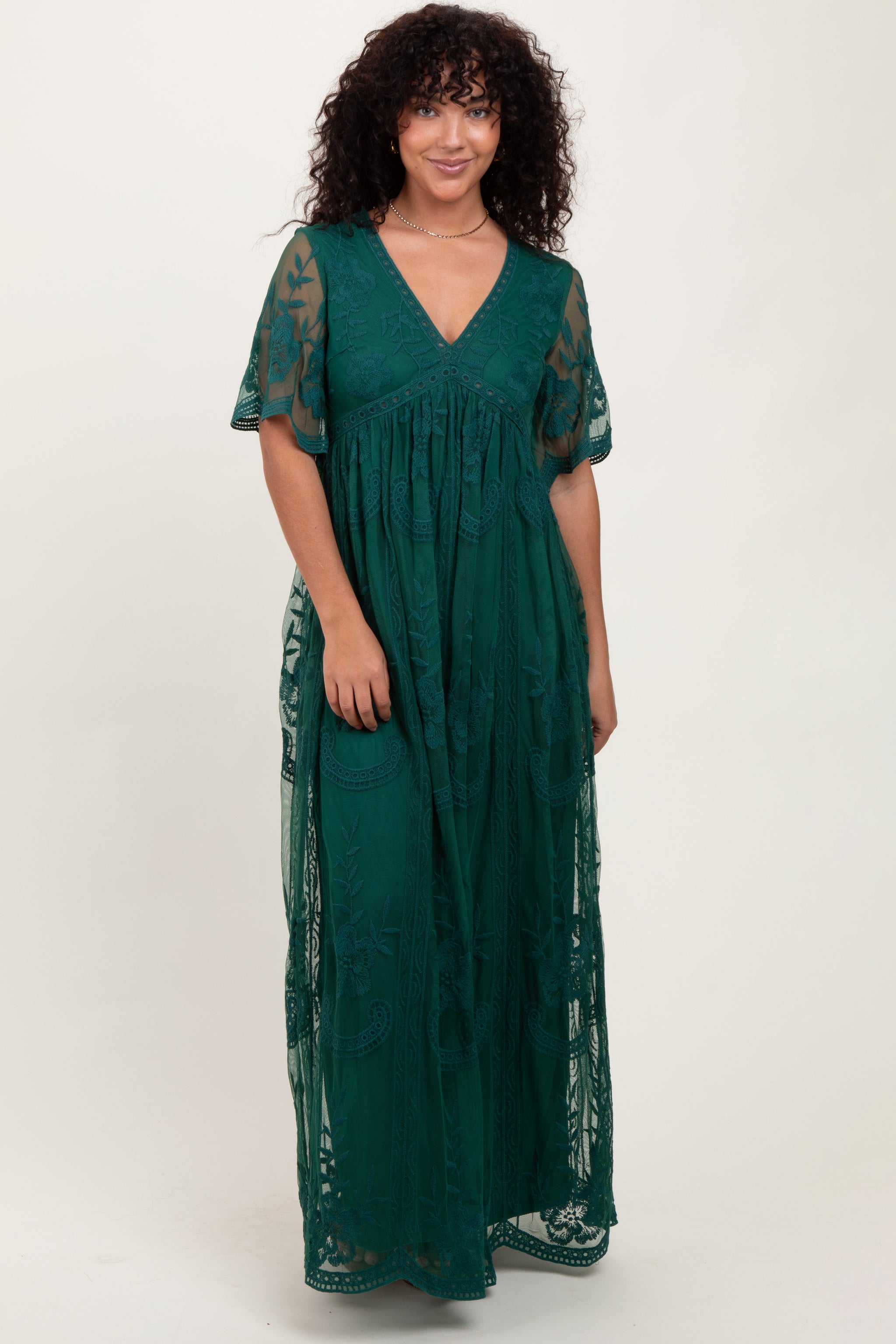 Three Little Tots Green Lace Mesh Overlay Maternity Maxi Dress, another angle
