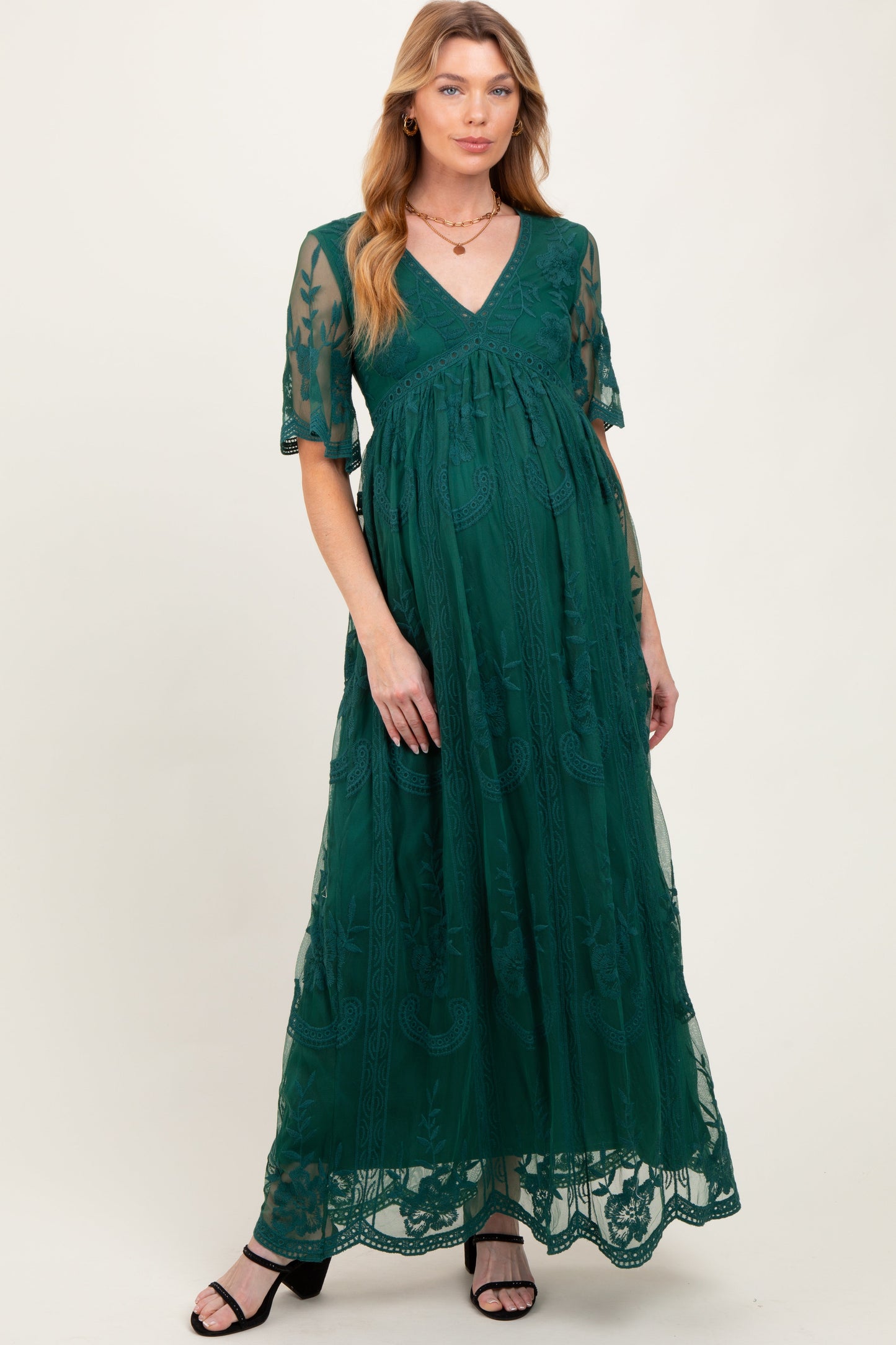 Three Little Tots Green Lace Mesh Overlay Maternity Maxi Dress, additional product photo