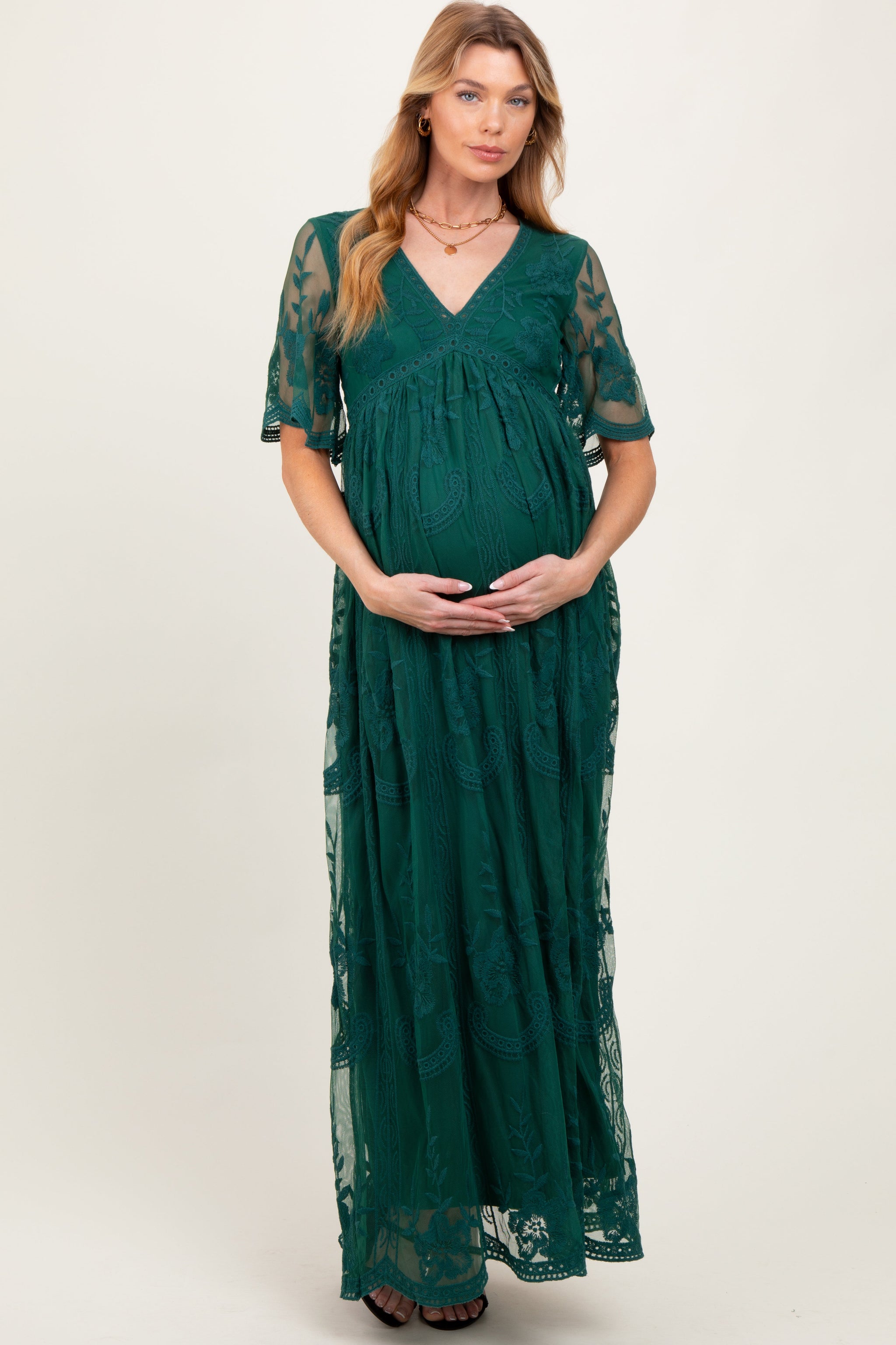 Three Little Tots Green Lace Mesh Overlay Maternity Maxi Dress, alternate angle