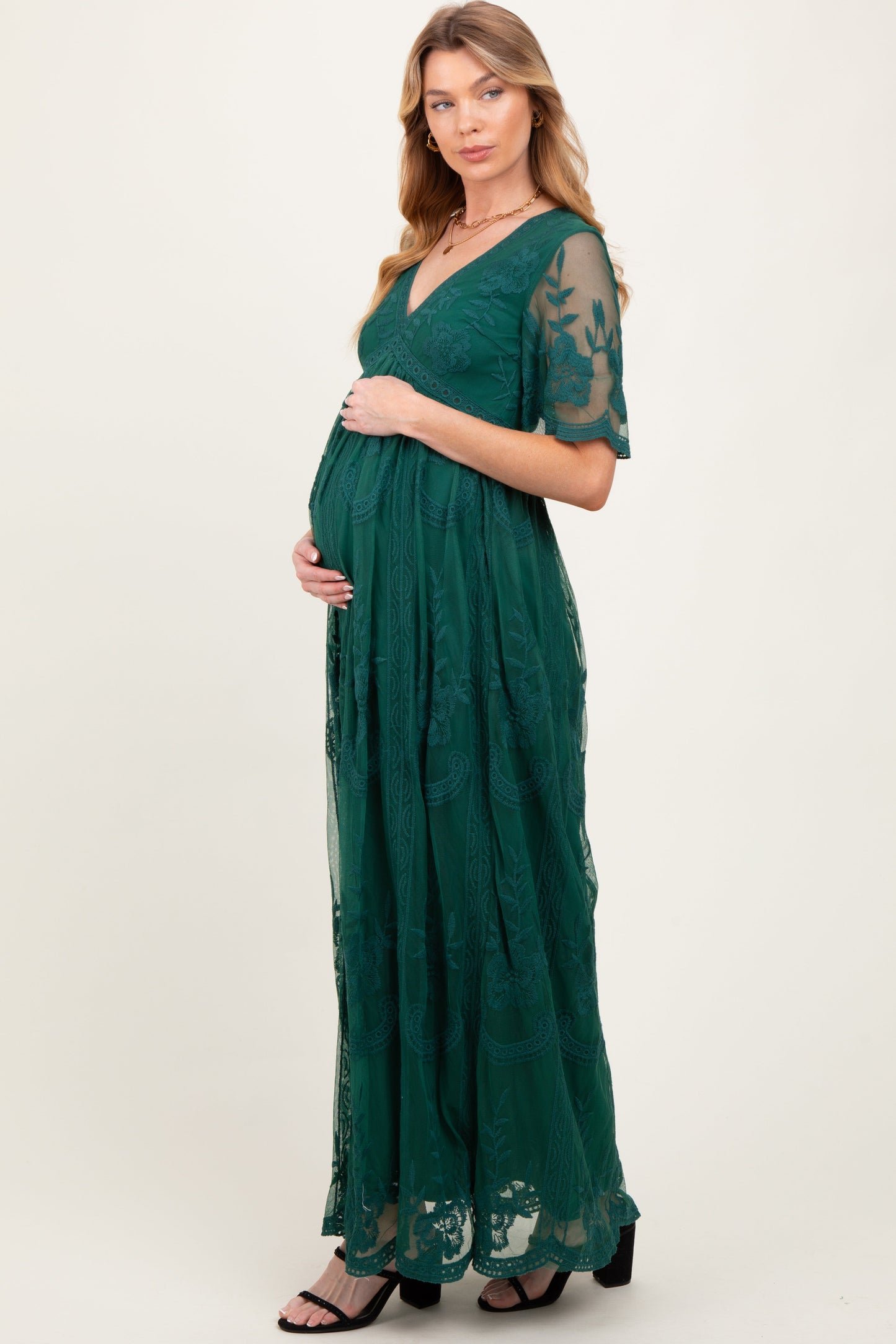 Three Little Tots Green Lace Mesh Overlay Maternity Maxi Dress, additional view