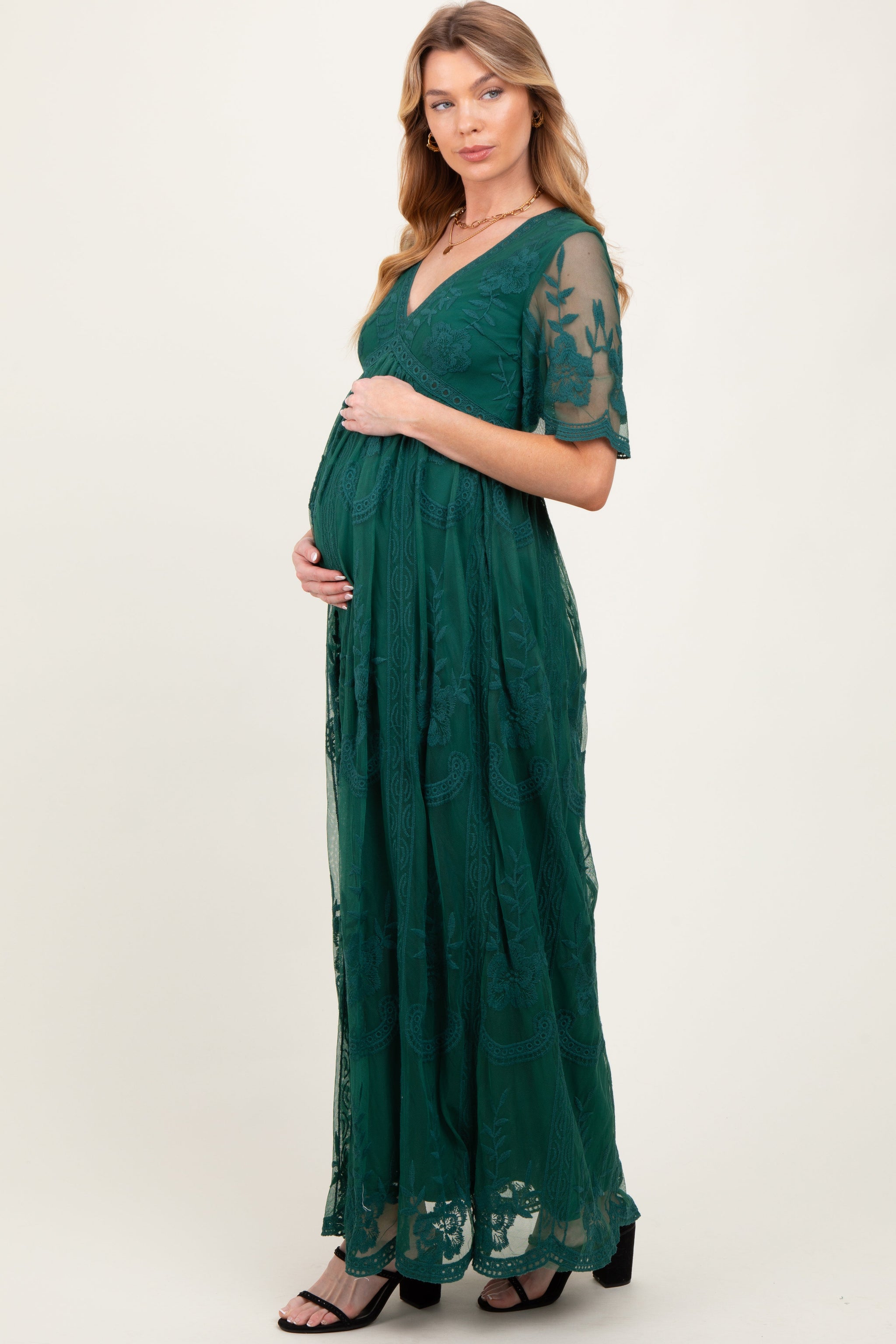 Three Little Tots Green Lace Mesh Overlay Maternity Maxi Dress, additional view