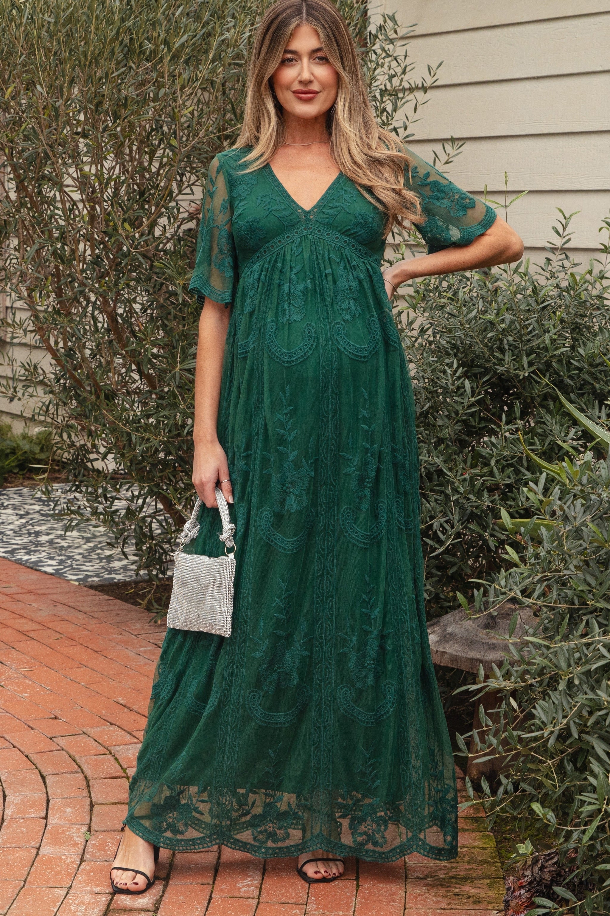Three Little Tots Green Lace Mesh Overlay Maternity Maxi Dress