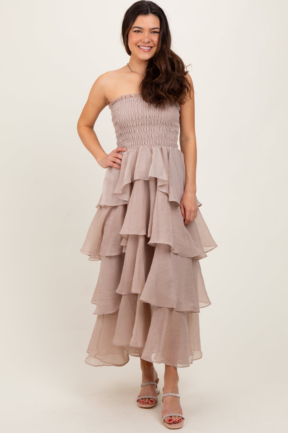 Three Little Tots Beige Layered Maternity Maxi Dress, alternate angle