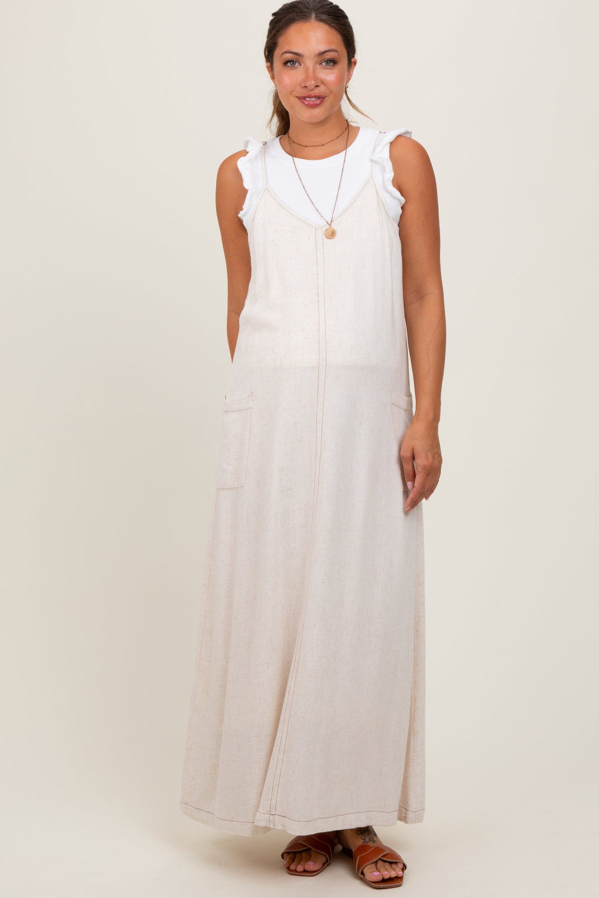 Three Little Tots Cream Linen Mixed Overall Maternity Midi Dress