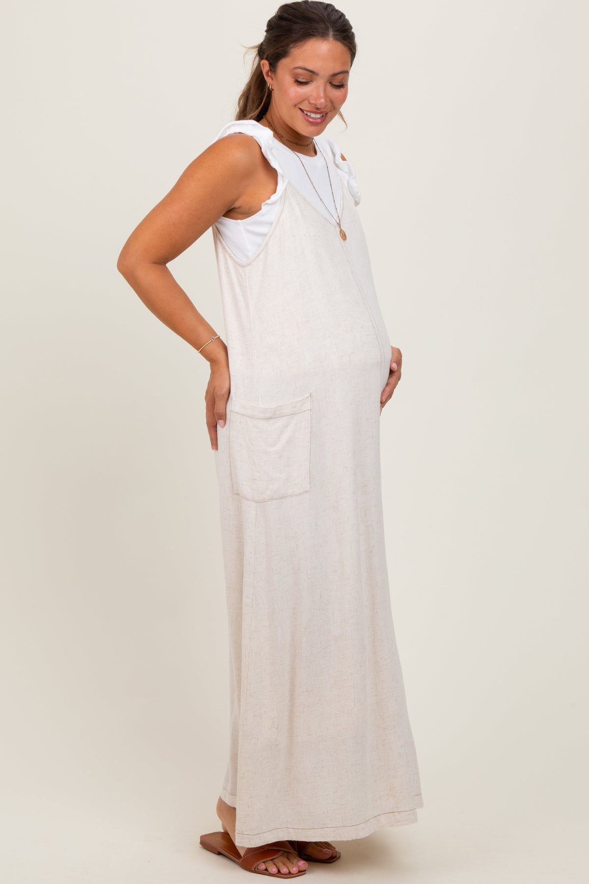 Three Little Tots Cream Linen Mixed Overall Maternity Midi Dress, additional product photo