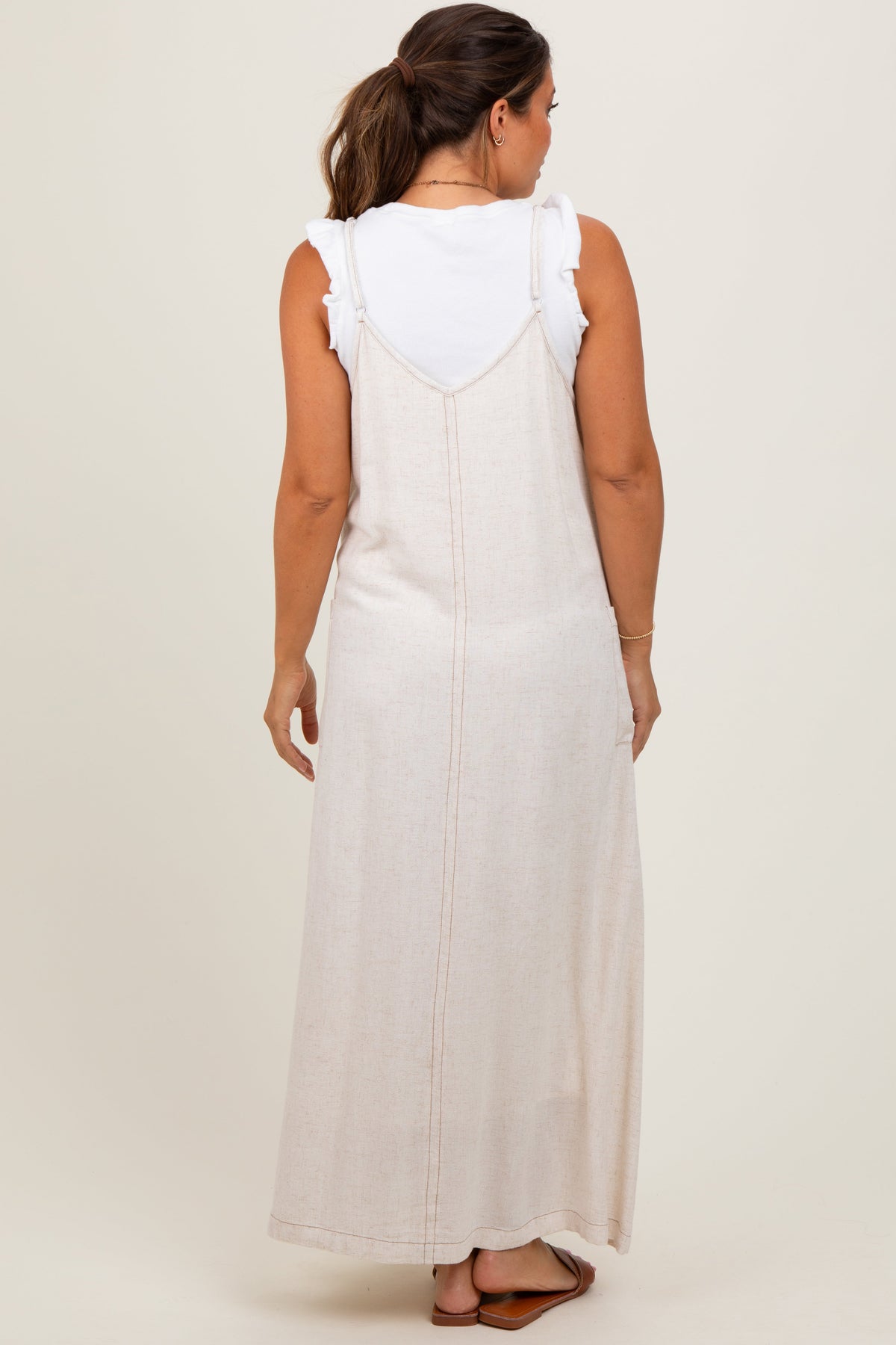 Three Little Tots Cream Linen Mixed Overall Maternity Midi Dress, alternate angle