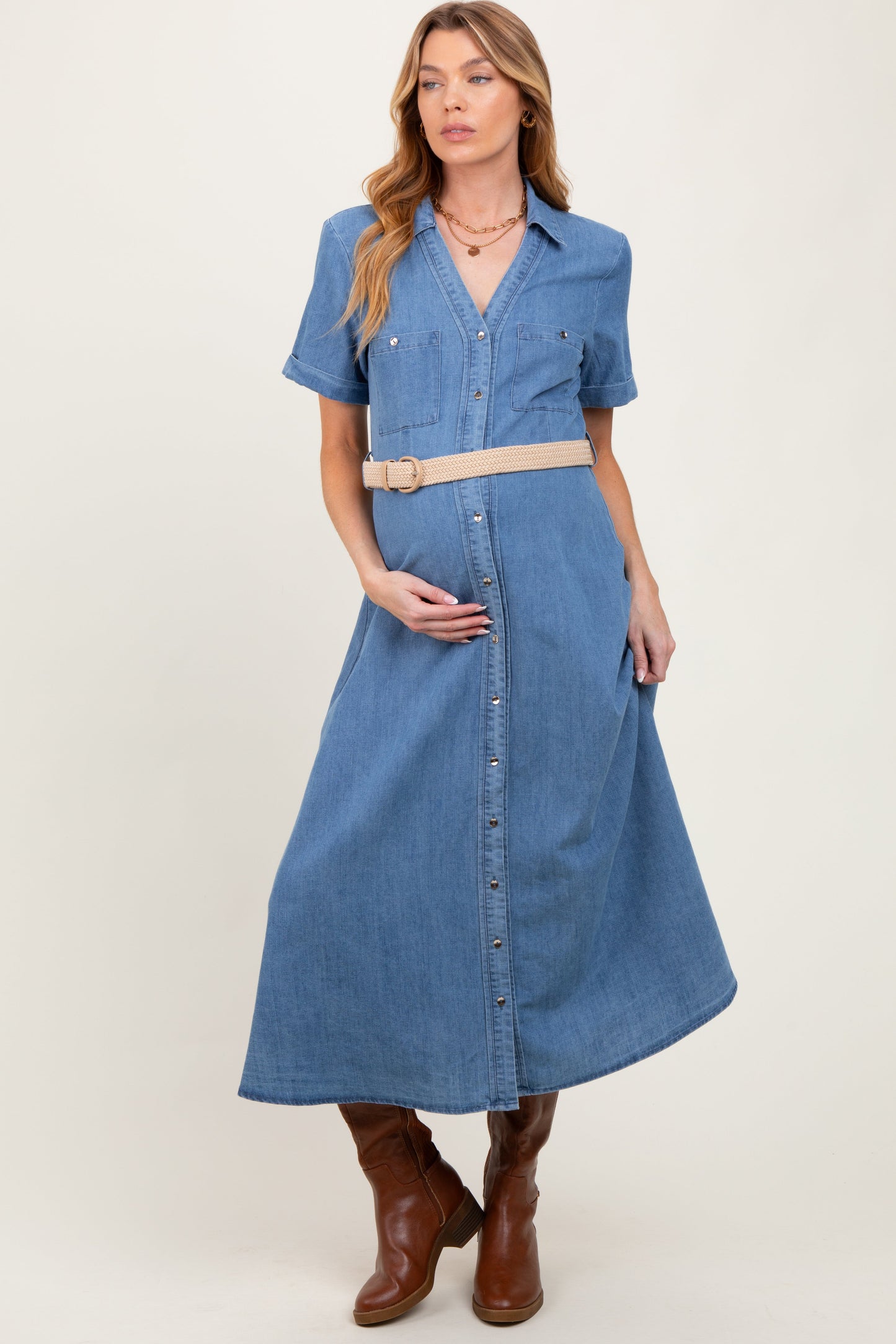 Three Little Tots Blue Chambray Button Down Maternity Midi Shirt Dress