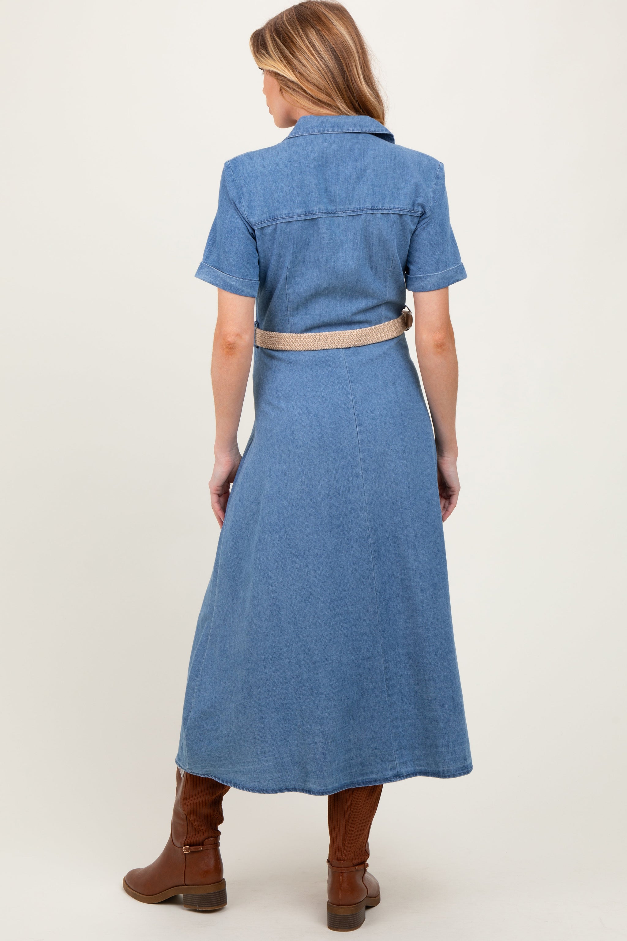 Three Little Tots Blue Chambray Button Down Maternity Midi Shirt Dress, additional product photo