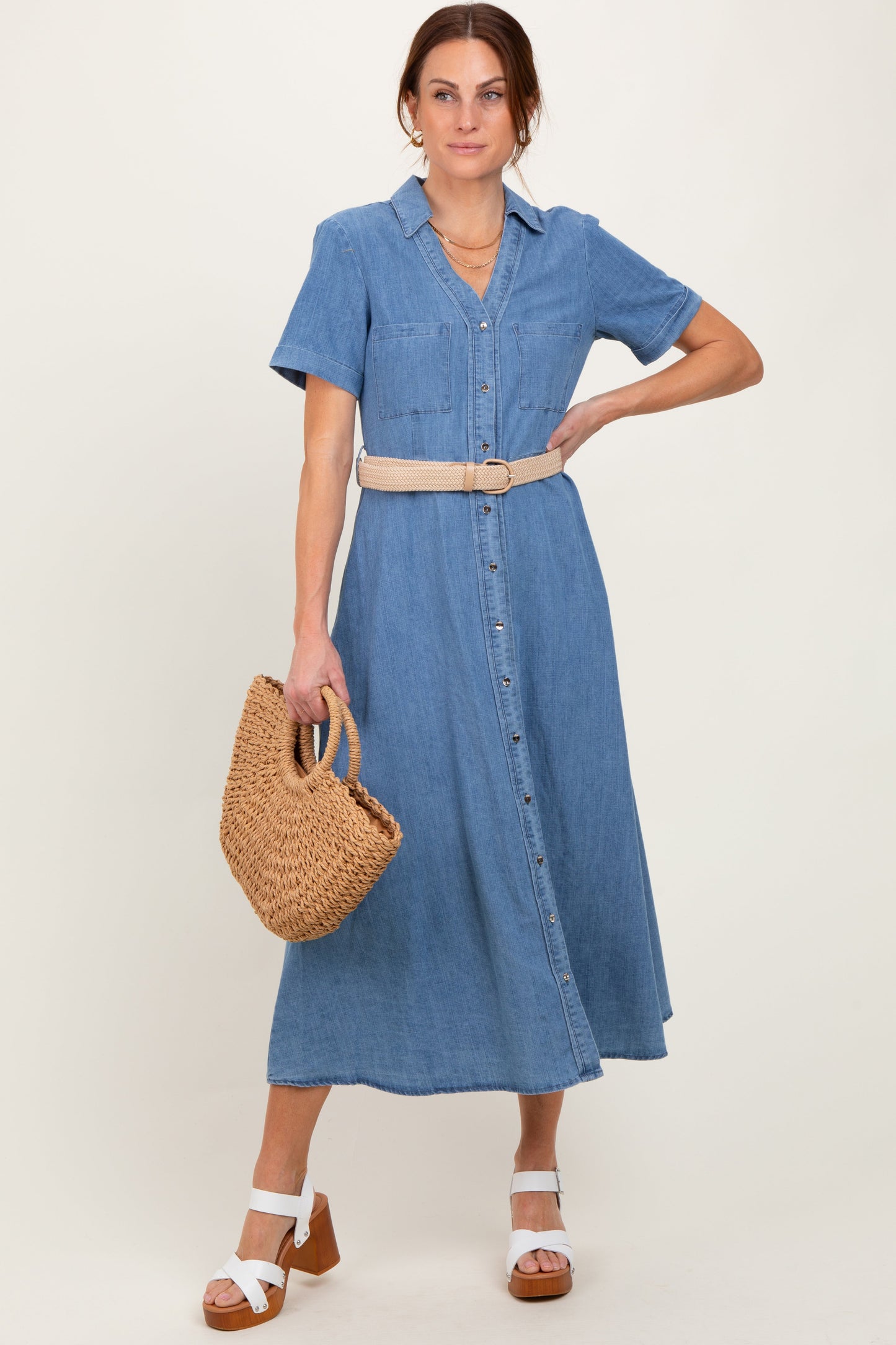 Three Little Tots Blue Chambray Button Down Maternity Midi Shirt Dress, alternate angle