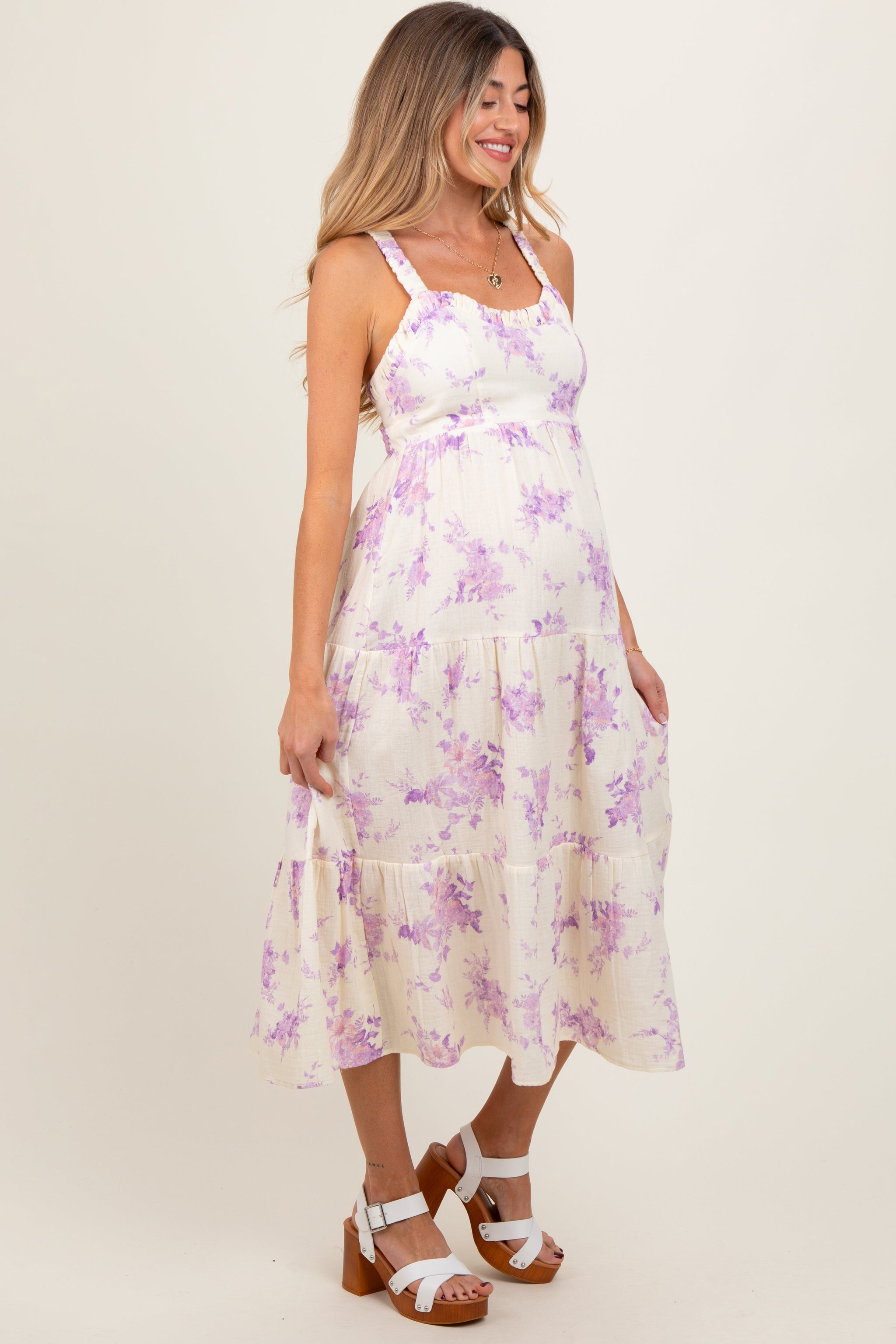 Cream Floral Tiered Crisscross Back Maternity Midi Dress