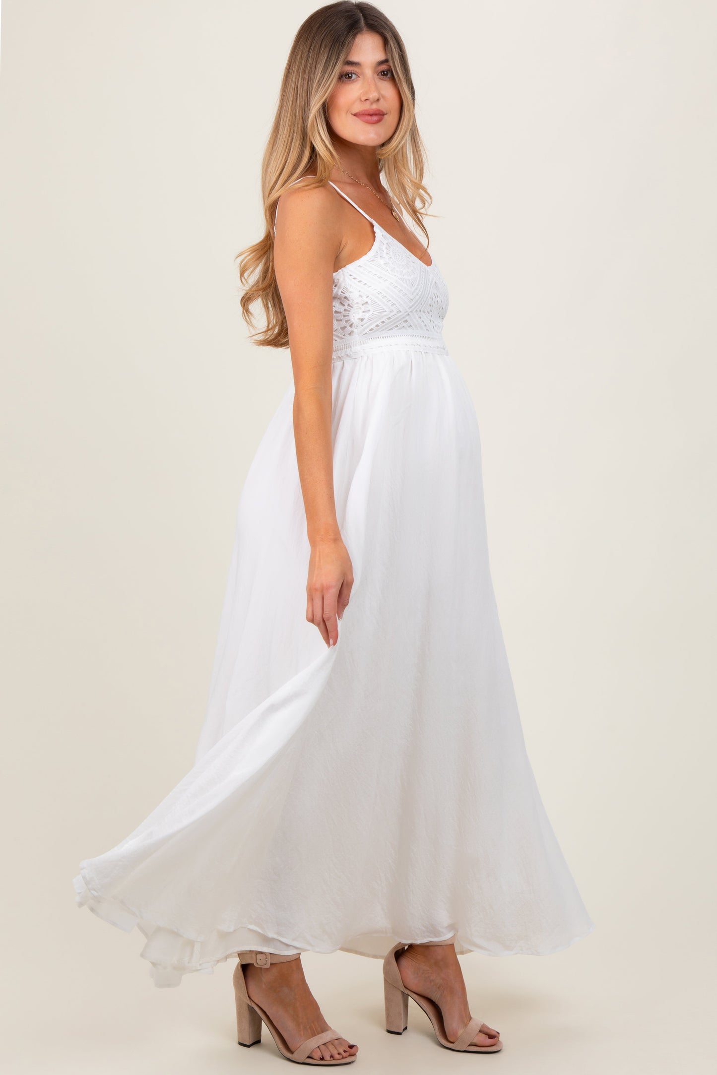 Three Little Tots White Crochet Bodice Maternity Maxi Dress, alternate angle