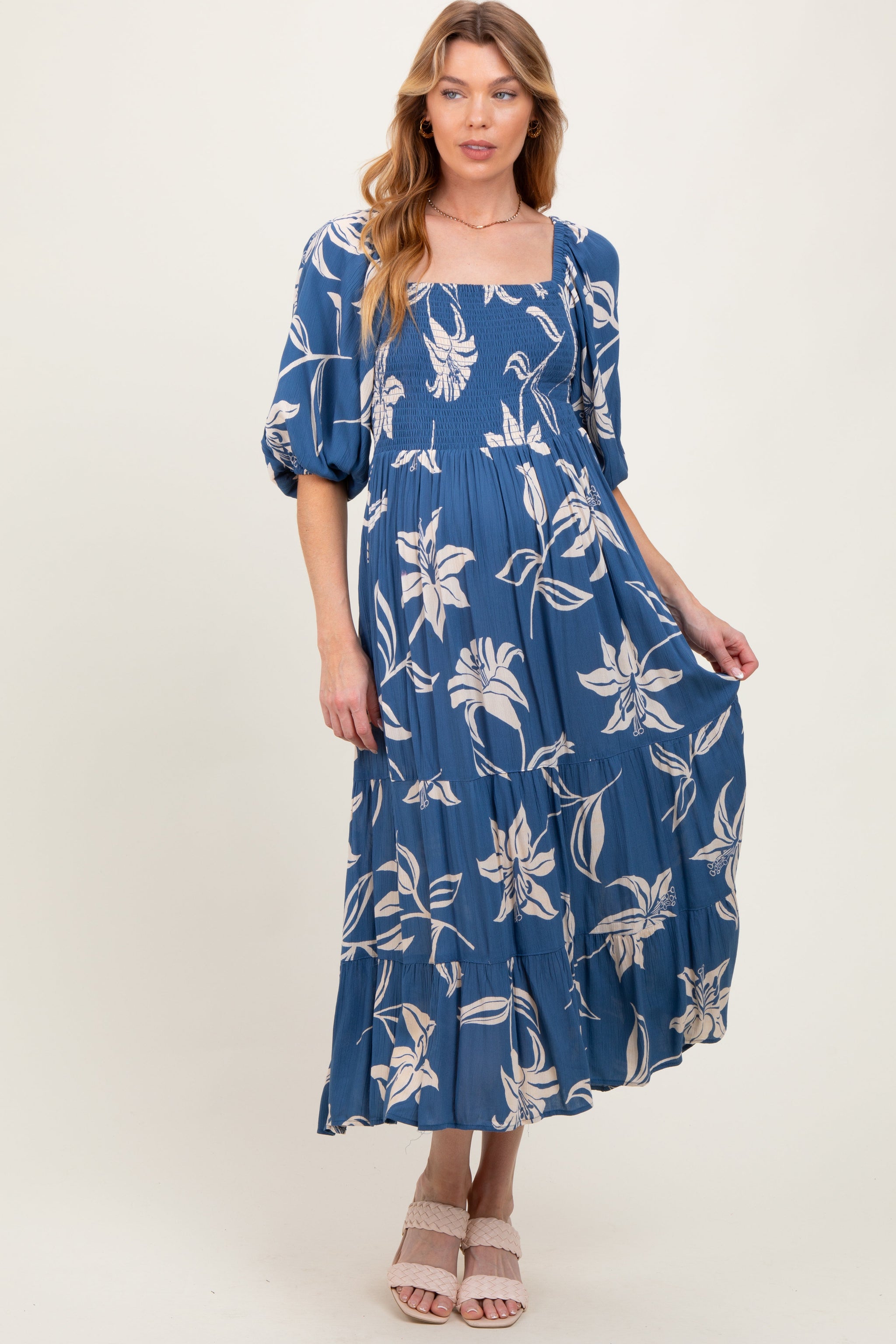 Three Little Tots Blue Smocked Puff Sleeve Maternity Midi Dress, additional product photo