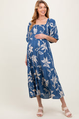 Three Little Tots Blue Smocked Puff Sleeve Maternity Midi Dress