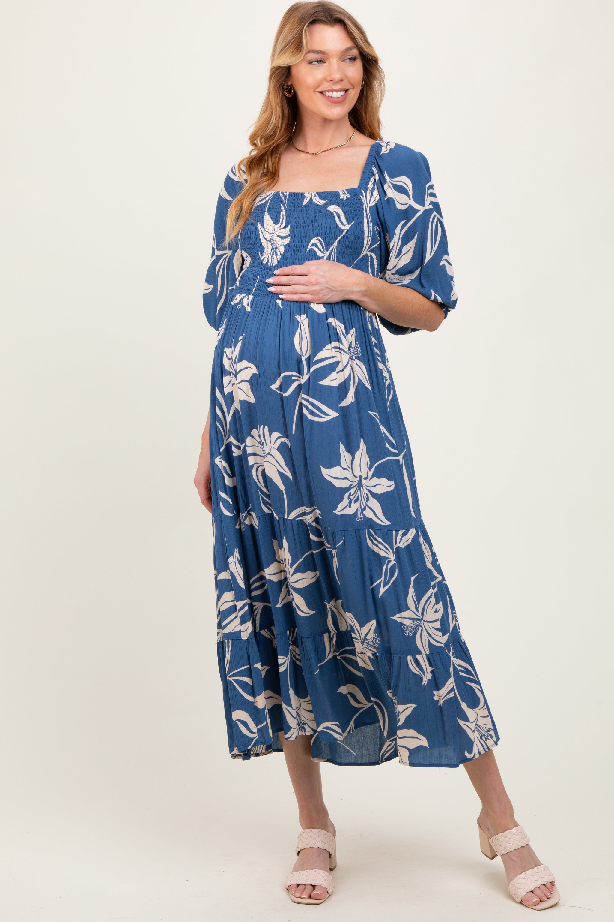 Three Little Tots Blue Smocked Puff Sleeve Maternity Midi Dress